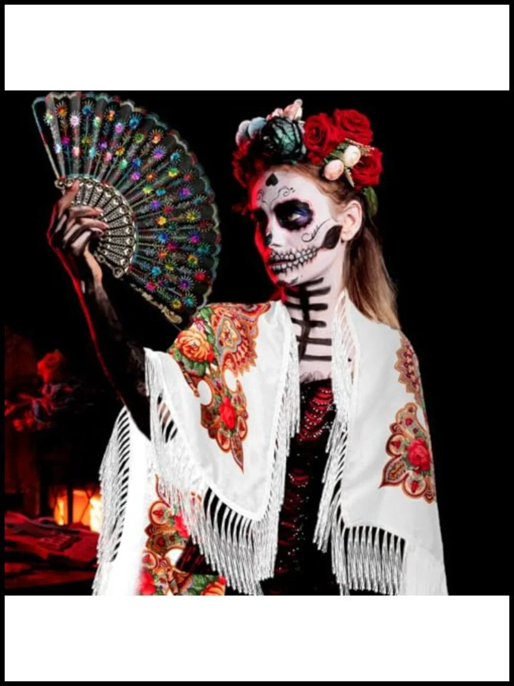 Mexican Flamenco Shawl Wrap Women Tassel Scarf Day of Dead Costume Accessory Set